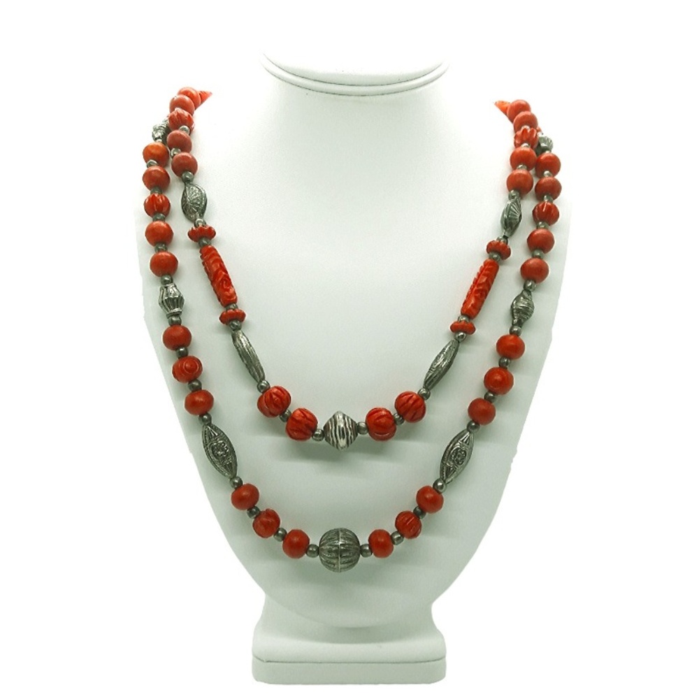 Double Strand Red & Silver Beaded Necklace  26"